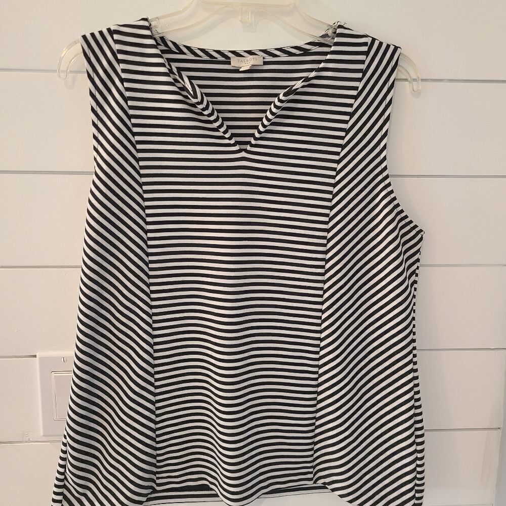 Talbots Black and White Striped Sleeveless V-Neck Top